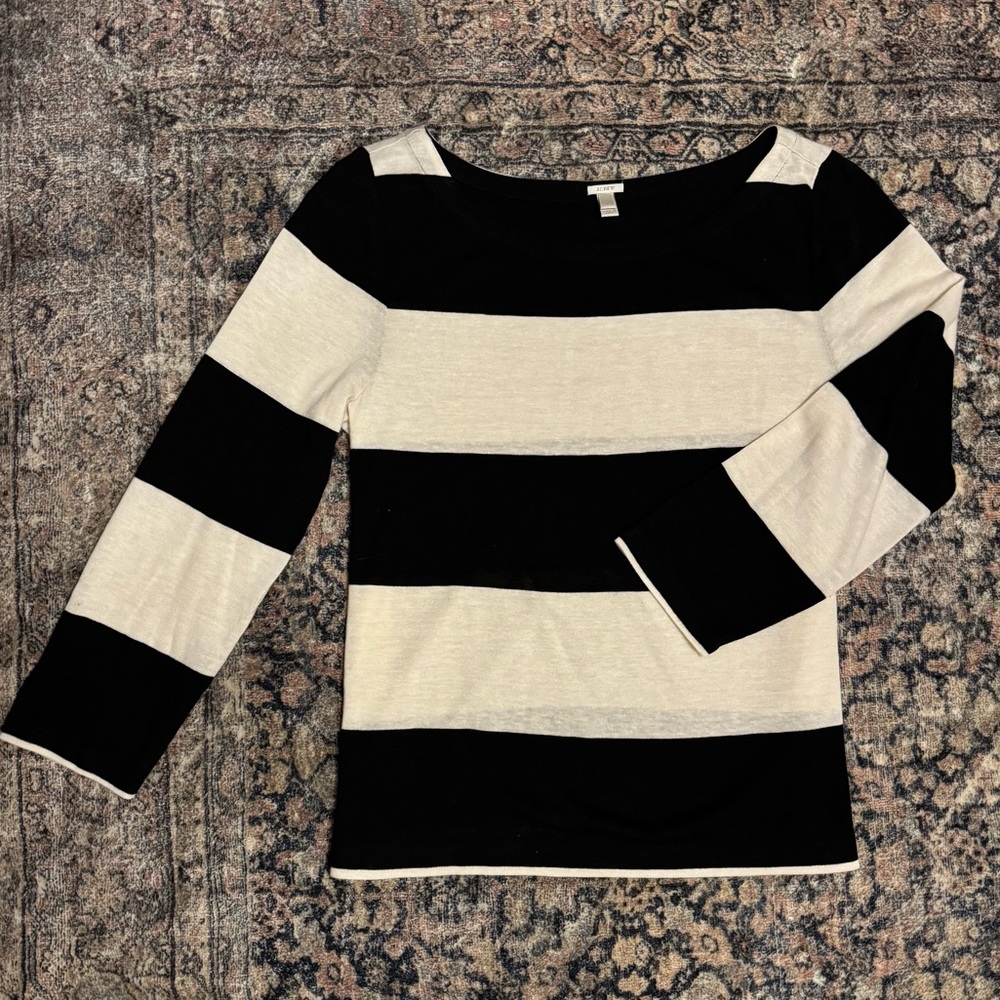 J. Crew Classic Black & Ivory Linen Rugby Striped Sweater -NWOT